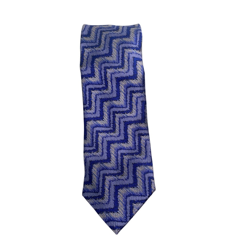Vintage Missoni‎ Men's Necktie Blue Zigzag Pattern Silk Made in Italy A20Q